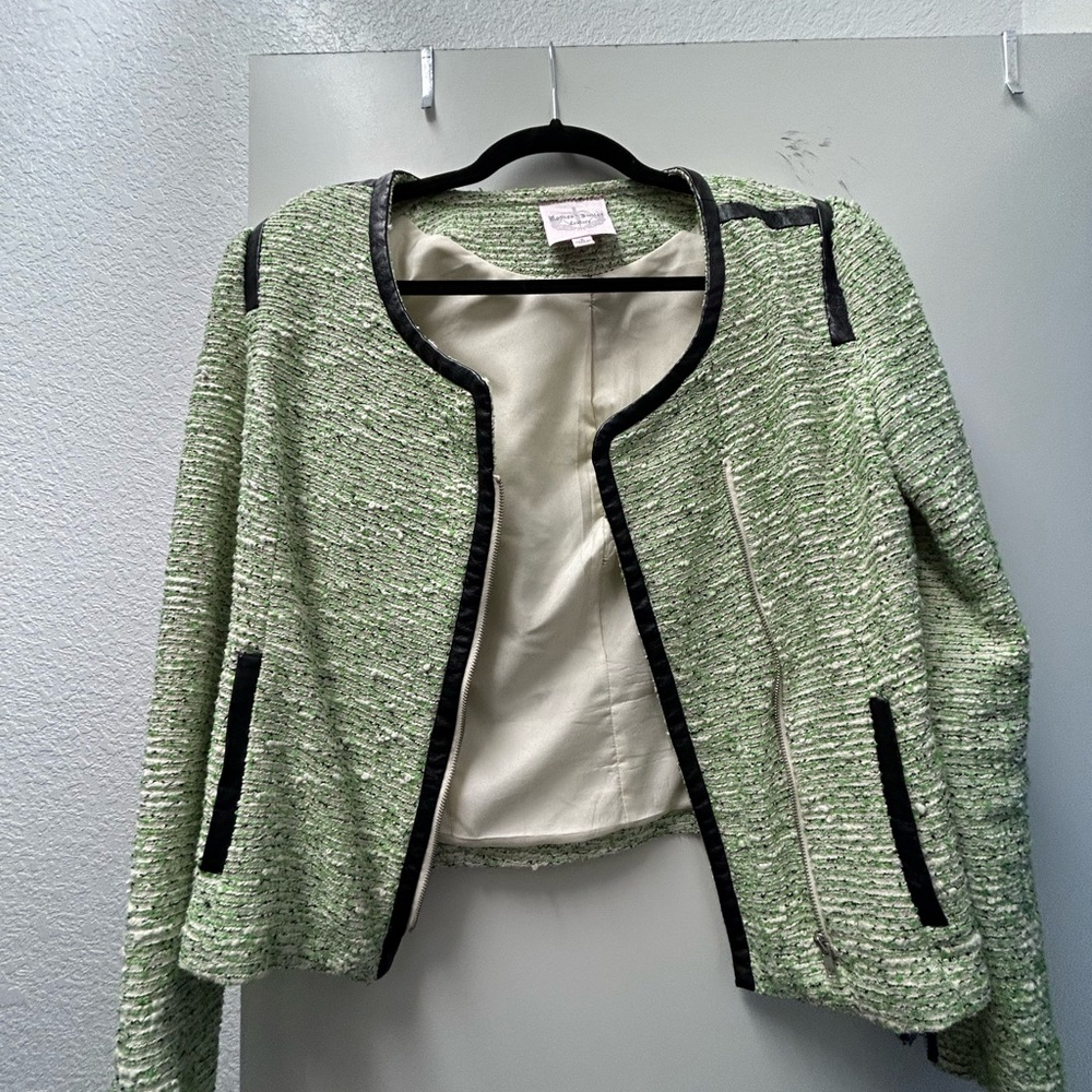 Green white and black couture blazer. Leather trim.